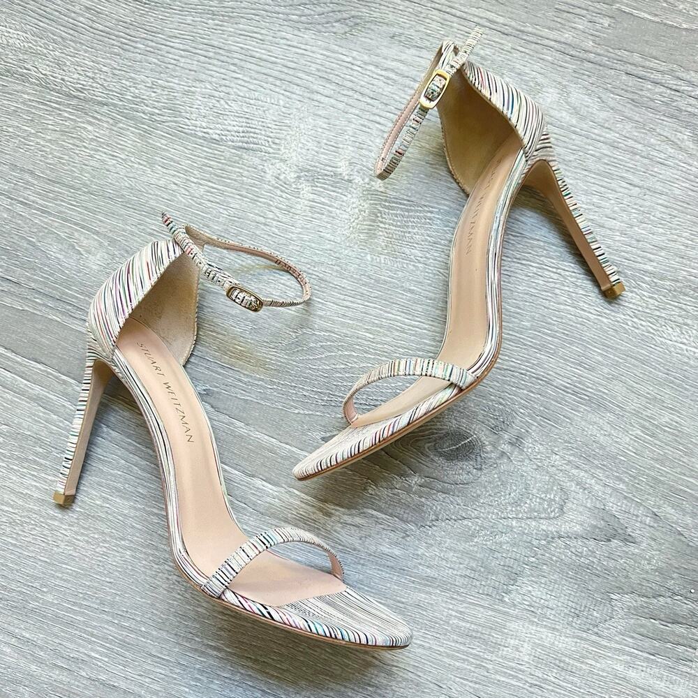 Stuart Weitzman Nudistsong Ankle Strap Striped Leather Heels Sandals Sz 10.5 - Picture 3 of 9